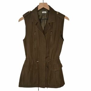 Olive Green Military Utility Vest Sleeveless Zip Pockets Drawstring Waist Size S